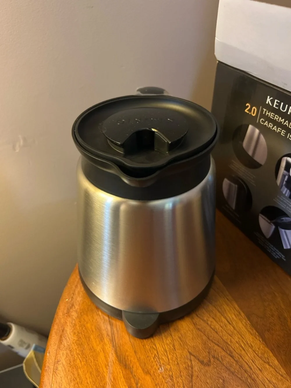 The Keurig 2.0 Thermal Carafe is a 32-ounce, double-walled stainless steel caraf